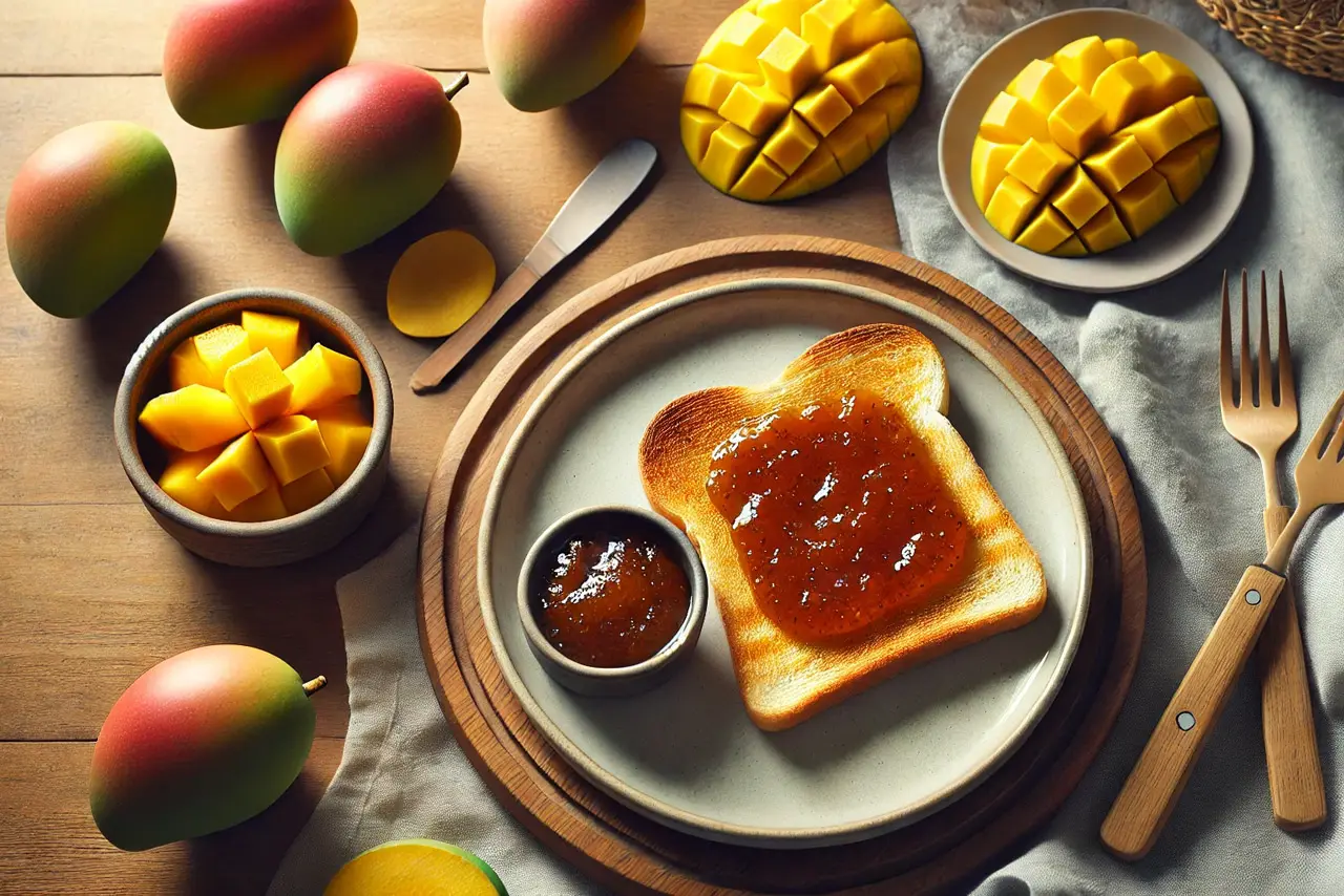 Tarro de 275 g de mermelada de mango, perfecta para añadir un toque dulce.